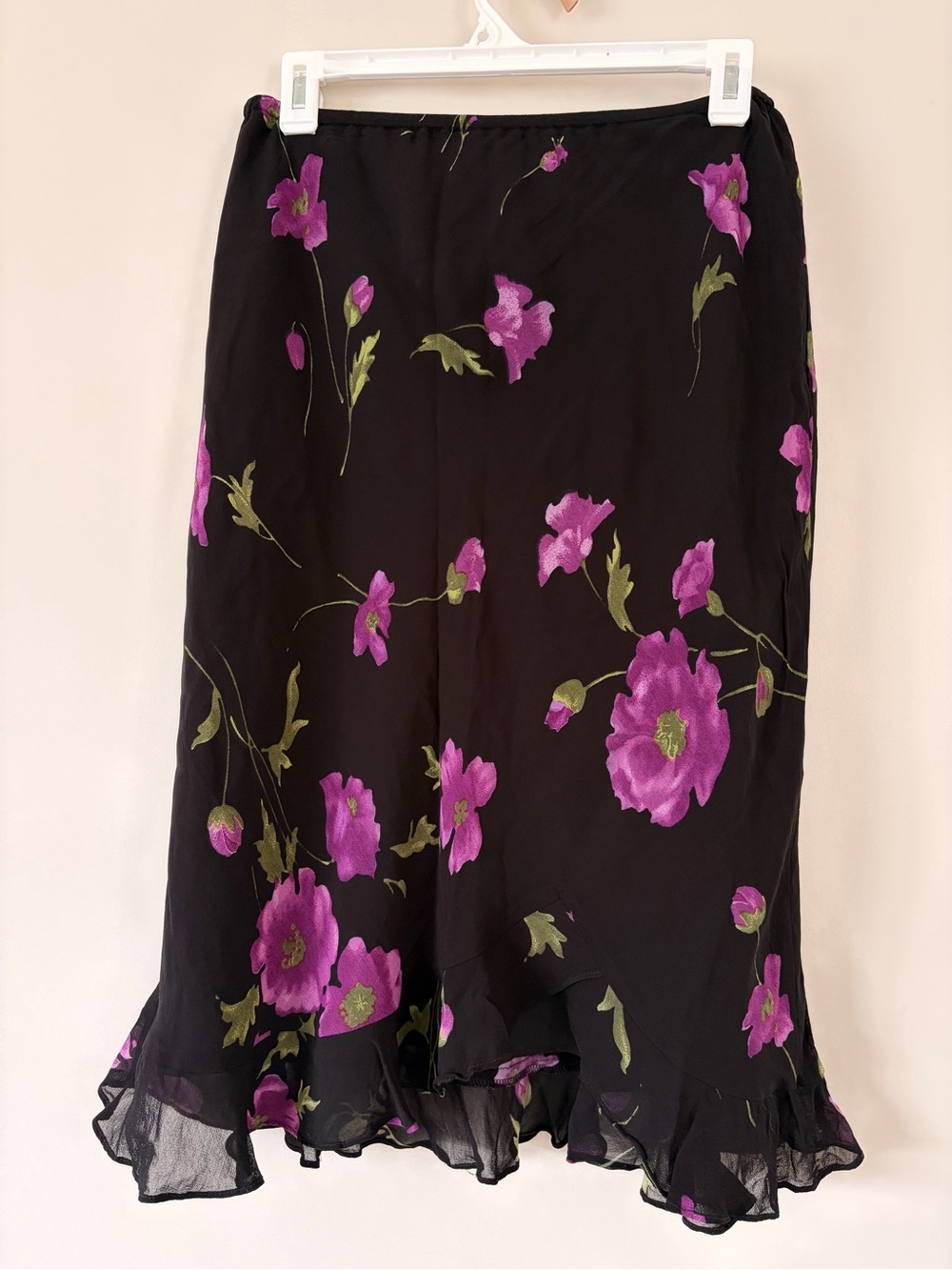 Vintage 90s Y2K Floral Ruffle Midi Skirt Fairycore Whimsy Goth Witchy Romantic
